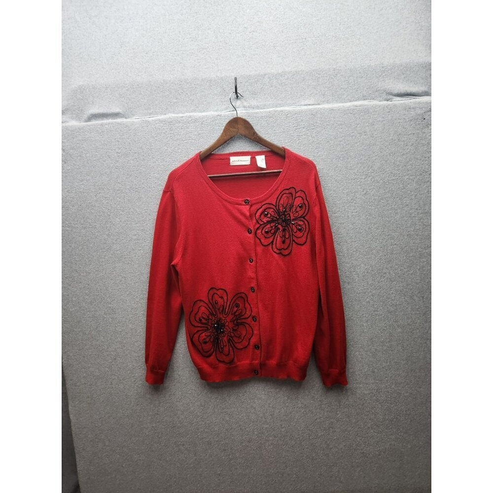 Alfred Dunner Red Cardigan With Floral Embroidery Womens Size L 60% Cotton 30% N